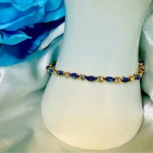 Vintage Gold Plated Tennis Bracelet – Blue & Clear Rhinestones, 7.5”